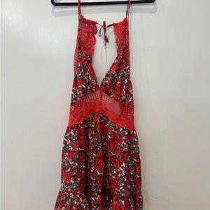Women’s Red Floral Crochet Lace Halter Backless Mini Sundress Boho No Tag L/XL